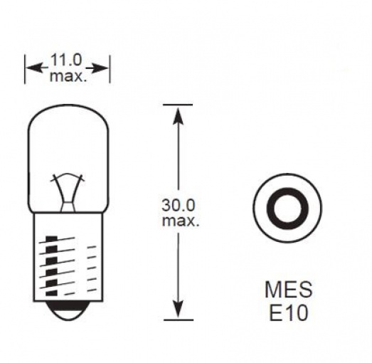 B1325: 32 Volt 5W MES E10 base Instrument & Panel bulb with 10mm tubular  glass - Side, Instrument & Panel Bulbs - Incandescent & Halogen Bulbs -  LEDs, Bulbs & Bulb Holders -